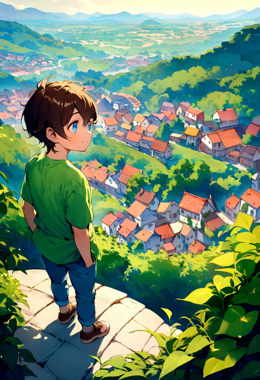 Jack is an eight-year-old boy with tousled brown hair and bright blue eyes. He wears worn-out blue jeans, a bright green t-shirt and sturdy brown sneakers.Jack is standing at a high point overlooking a picturesque village. From this vantage point, he can see rooftops, winding streets, and the peaceful countryside beyond. The village is nestled amidst rolling hills and surrounded by lush greenery. Jack's face shows a mix of awe and curiosity as he takes in the view, his eyes wide with wonder. The sky above is clear and blue, with a few fluffy clouds drifting lazily. Jack's posture is relaxed, with his hands in his pockets and a small smile on his face, enjoying the tranquility and beauty of the scene before him.