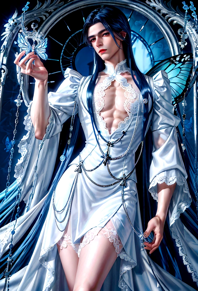 (masculine) (man) (man de Navy blue hair muy largo) (long hair de color azul marino ) (long hair) (Navy blue hair) (blue eyes) (monoculo) (silver monocle) (elegant white clothes with lace) (silver lace) (porcelain, piel de porcelain) (marked doll joints) (butterflies alrededor) (butterflies) (detalles silver) (silver) (doll pose) (wind up doll) (Rope doll) (wind up key on the back)