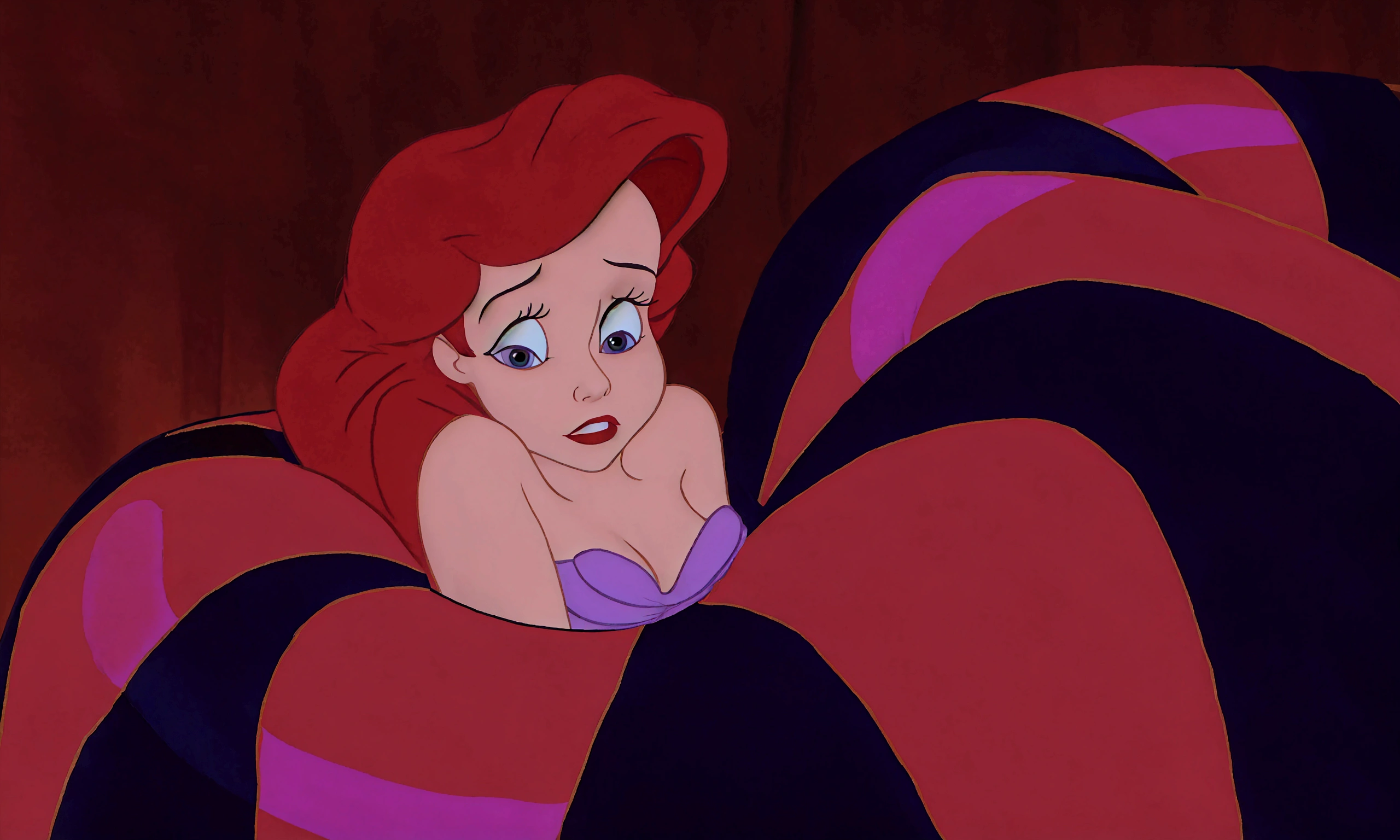 araffe is laying on a bed with a red and black blanket, ariel the little mermaid, the little mermaid, little mermaid, princess ariel, classic disney mood, disney 2d animation still, movie screencap, megara, jessica rabbit, emma watson as jessica rabbit, female disney villain, but a stern look about her, desperate pose, stained”, nighttime!