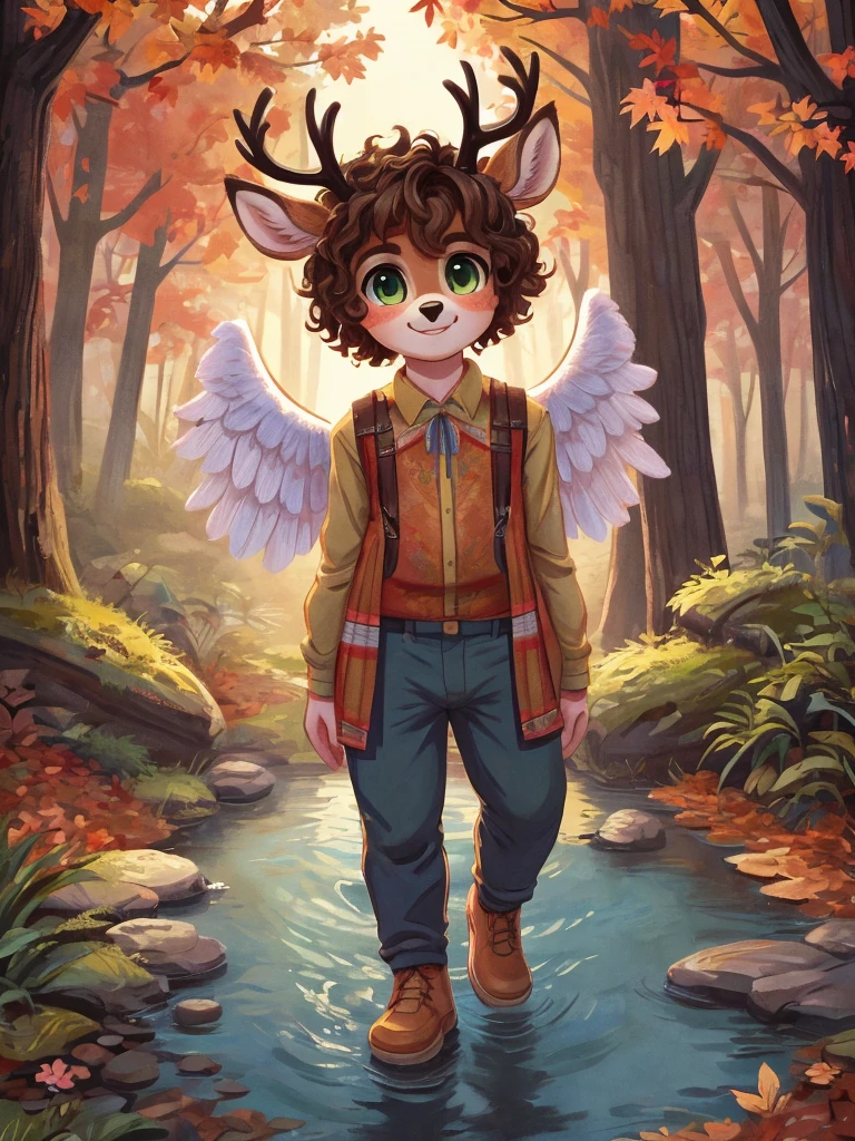Cute, deer boy, small deer antlers, innocent, chubby, big thighs, androgynous, femboy, short curly hair, brown hair, fawn spots, freakles, ((cute)), smiling, walking in a Forrest, wearing cottage core outfit, cottage core outfit, , cute clothes, modest clothes, modern clothes, adorable, pastel color scheme, light blue pink green yellow white and brown color scheme, young, cartoony, adorable, deer tail, moss green eyes, angel wings, walking in the woods, woodland creatures, creek, woods, fallen log, (((solo))), moss, bugs, autumn outfit, autumn vibes, autumn aesthetic, cute, wearing pants, boy outfits, men's wear,