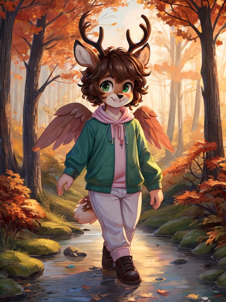 Cute, deer boy, small deer antlers, innocent, chubby, big thighs, androgynous, femboy, short curly hair, brown hair, fawn spots, freakles, ((cute)), smiling, walking in a Forrest, wearing cottage core outfit, cottage core outfit, , cute clothes, modest clothes, modern clothes, adorable, pastel color scheme, light blue pink green yellow white and brown color scheme, young, cartoony, adorable, deer tail, moss green eyes, angel wings, walking in the woods, woodland creatures, creek, woods, fallen log, (((solo))), moss, bugs, autumn outfit, autumn vibes, autumn aesthetic, cute, wearing pants, boy outfits, men's wear,