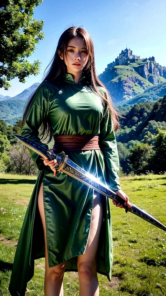 a beautiful young woman with long pointed ears, piercing blue eyes, and delicate facial features, wearing a green tunic and a brown leather belt, standing in a lush forest with towering trees, sunlight filtering through the leaves, holding a sword with a golden hilt, (best quality,4k,8k,highres,masterpiece:1.2),ultra-detailed,(realistic,photorealistic,photo-realistic:1.37),fantasy,zelda,legend of zelda,video game character,intricate details,dramatic lighting,warm color palette,cinematic composition
