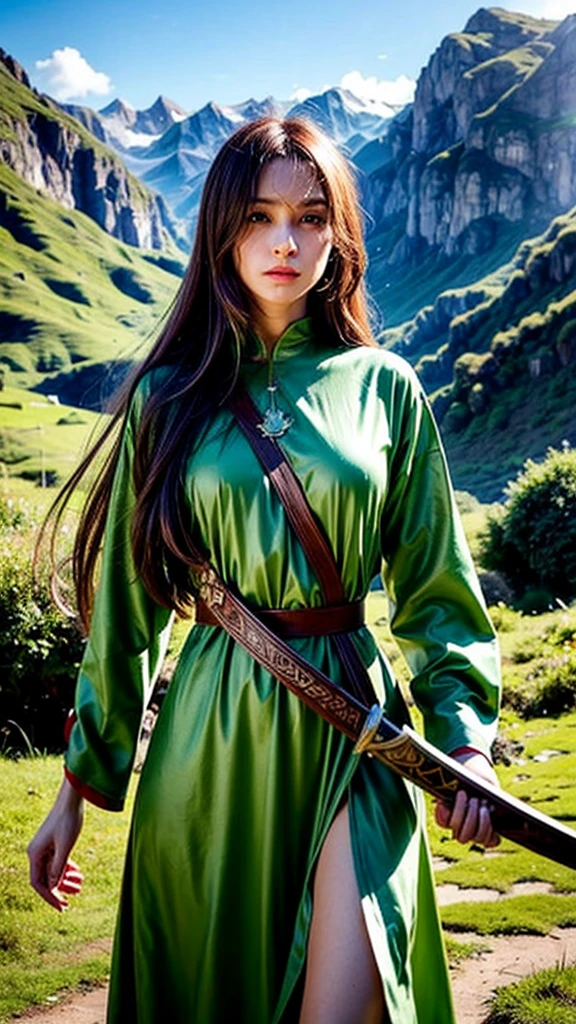 a beautiful young woman with long pointed ears, piercing blue eyes, and delicate facial features, wearing a green tunic and a brown leather belt, standing in a lush forest with towering trees, sunlight filtering through the leaves, holding a sword with a golden hilt, (best quality,4k,8k,highres,masterpiece:1.2),ultra-detailed,(realistic,photorealistic,photo-realistic:1.37),fantasy,zelda,legend of zelda,video game character,intricate details,dramatic lighting,warm color palette,cinematic composition