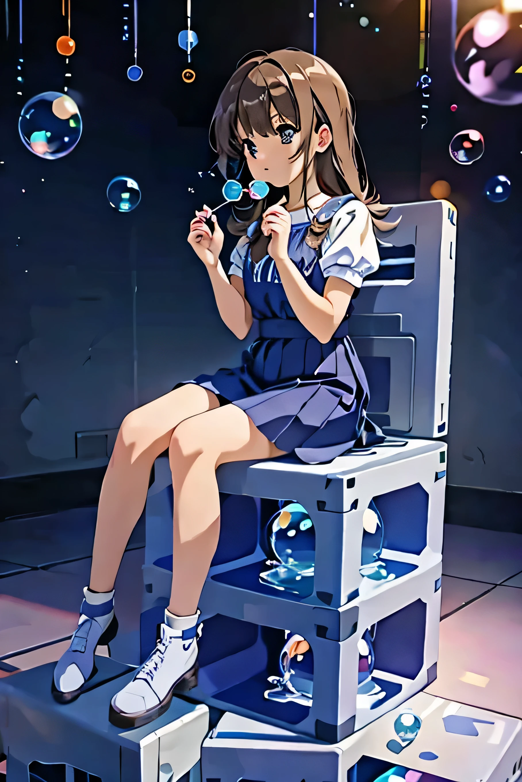 girl, blowing bubbles, sitting in cubes, full body