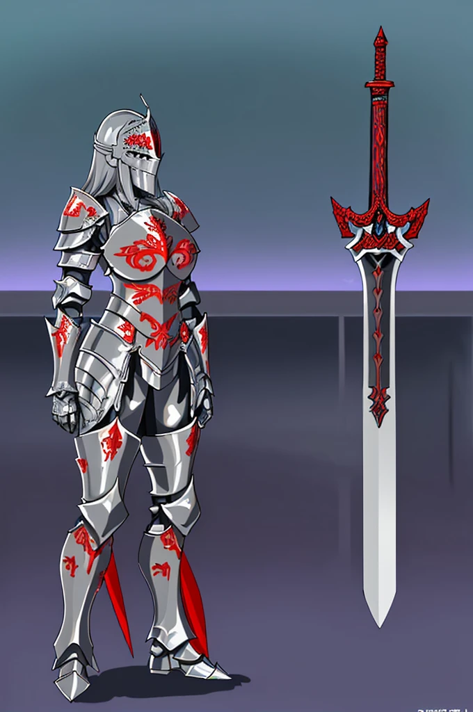 (masterpiece), best quality, 1Girl, standing, master piece, full body character concept, full body character design, full body concept art, Knight, face hidden by Armor helmet, Gray armor, Red Pattern, swordman, detailed armor, knight, holding big sword, Red symbol, full Gray armor body, Detailed helmet knight, full armor, big boob