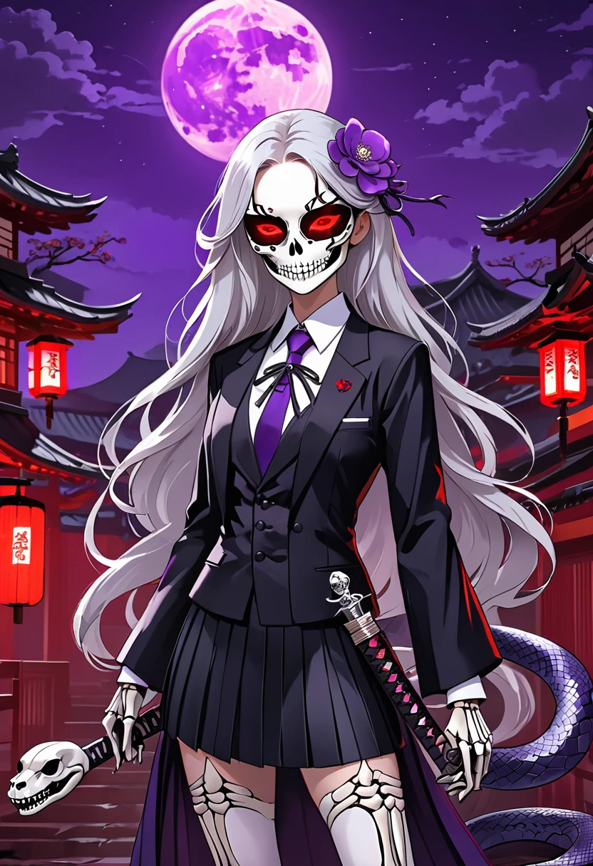 Flat style,Japanese anime style,1 beautiful girl,Silver long hair,White flower eye mask on eyes,Black pleated skirt suit,Katana in hand,Elegant Posture、Red Moon、Dark purple tones,Mysterious and elegant atmosphere,(((Purple fluorescent python snake skeleton)))