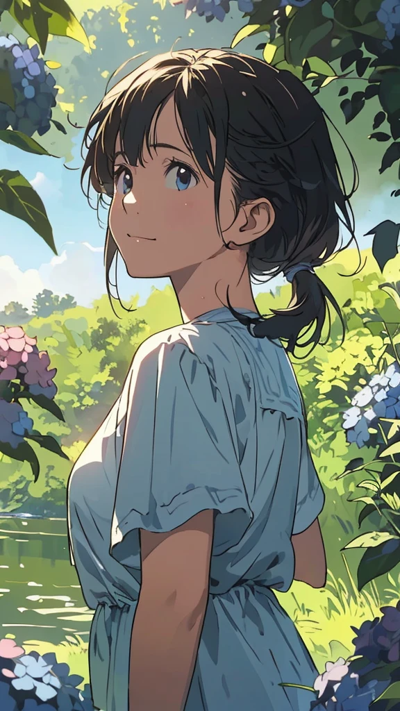 Affordable design, Clear lines, High Sharpness, (highest quality,4k,Perfect sharpness,Ultra fine,High resolution,masterpiece:1.2), Perfect Anatomy:1.5, Official Art, Illustrations that tell a story, (Whitish background:0. 9)、Body Positivity、Diverse physical expressions、(Random and mysterious poses))、Perfect beauty、Perfect beautiful face、(Very strong wind)、A rich expression、Dynamic composition、Golden ratio composition、colorful、((color々Different angles and perspectives))、Anime drawings、((Overcoming stereotypes))、 Glowing Skin、(Natural beauty)、Bangs、Straight short Hair、(Soft and flowing hair)、(countryside)、Outdoor、((Nostalgic atmosphere))、((Playful and carefree))、(diverse characters)、((Graceful posture))、(Sunny atmosphere)、(vivid color)、Shorts、Brown short Hair、A light smile、 blue eyes、((Emotional))、Bangs、Natural reaction、Summer outfit、(ponytail)、(6Life size)、countryside、((fetishism))、Show off your thighs、Strong winds、Energetic pose、Smiling among hydrangeas、Belly button、