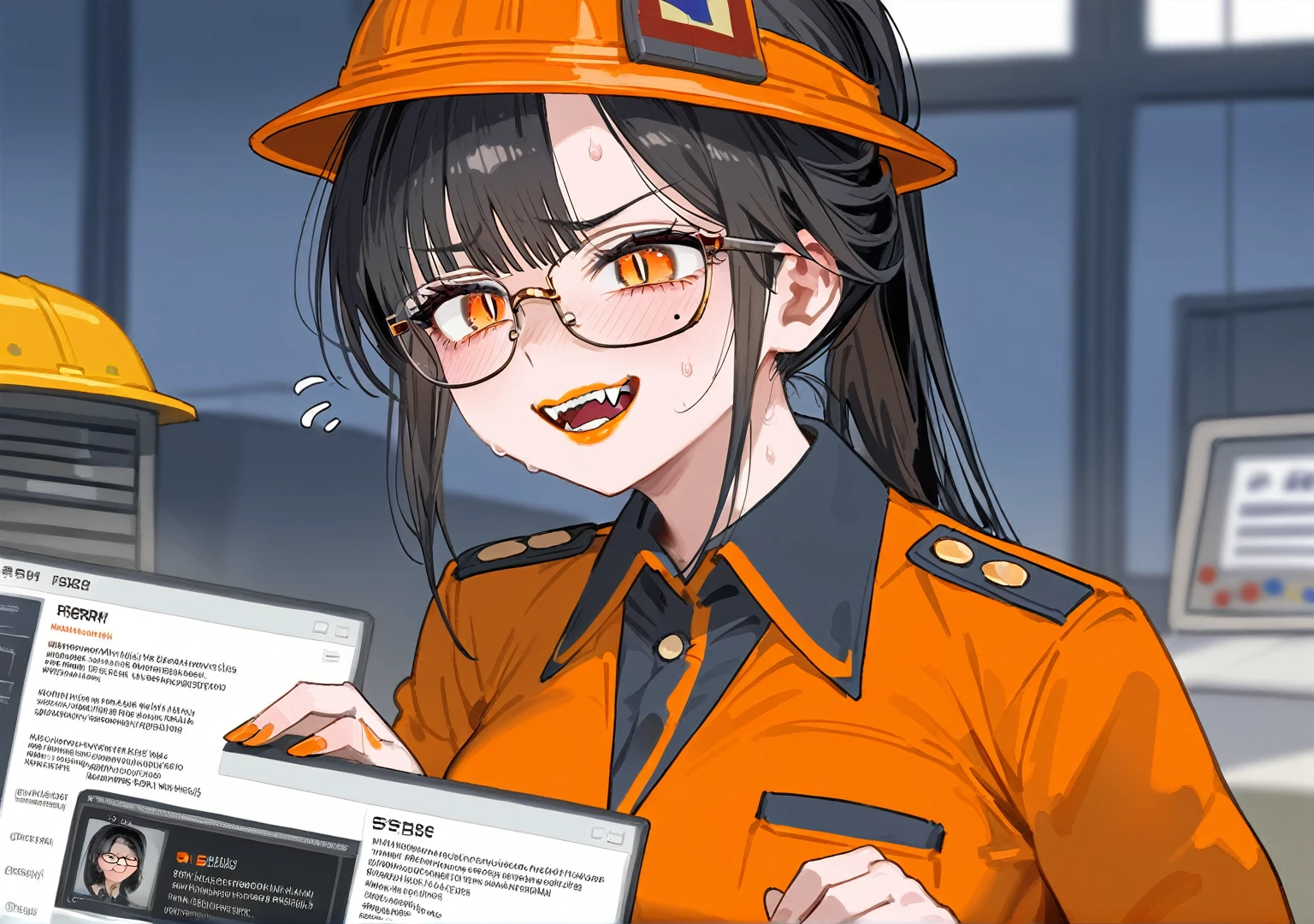 masterpiece, best quality, score_9,1older woman,orange lipstick,secretary outfit,siren glasses,mole,ponytail,orange and black hair,black hair,orange streaks,fangs,1woman,high quality,detailed,construction hat,worried face,worried smirk,sweat,sorry,hands saying sorry,stream loading screen