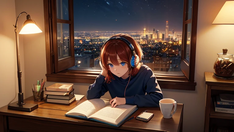 Kizi, 20 year, short-hair, redheads, blue colored eyes, using headphones and earphones, studying at your desk with open laptop, notebook and books, Cup of tea, next to large open window, overlooking the city `the night. Lighting from just one lamp, softly amber light. Na being, A small aquarium.
