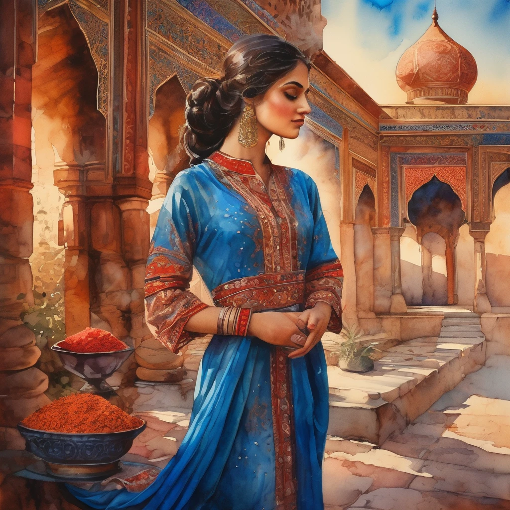 landscape captivating cinematic watercolor painting a persian girl dressed in blue silk, holding a bunch of red spice in her hands, looking to the camera, mica powder of earthy colors exploding in the scene, intrincated masterpiece, vivid colors, warm lighting, detailed persian architecture, intricate patterns, ornate fabrics, atmospheric haze, golden hour,