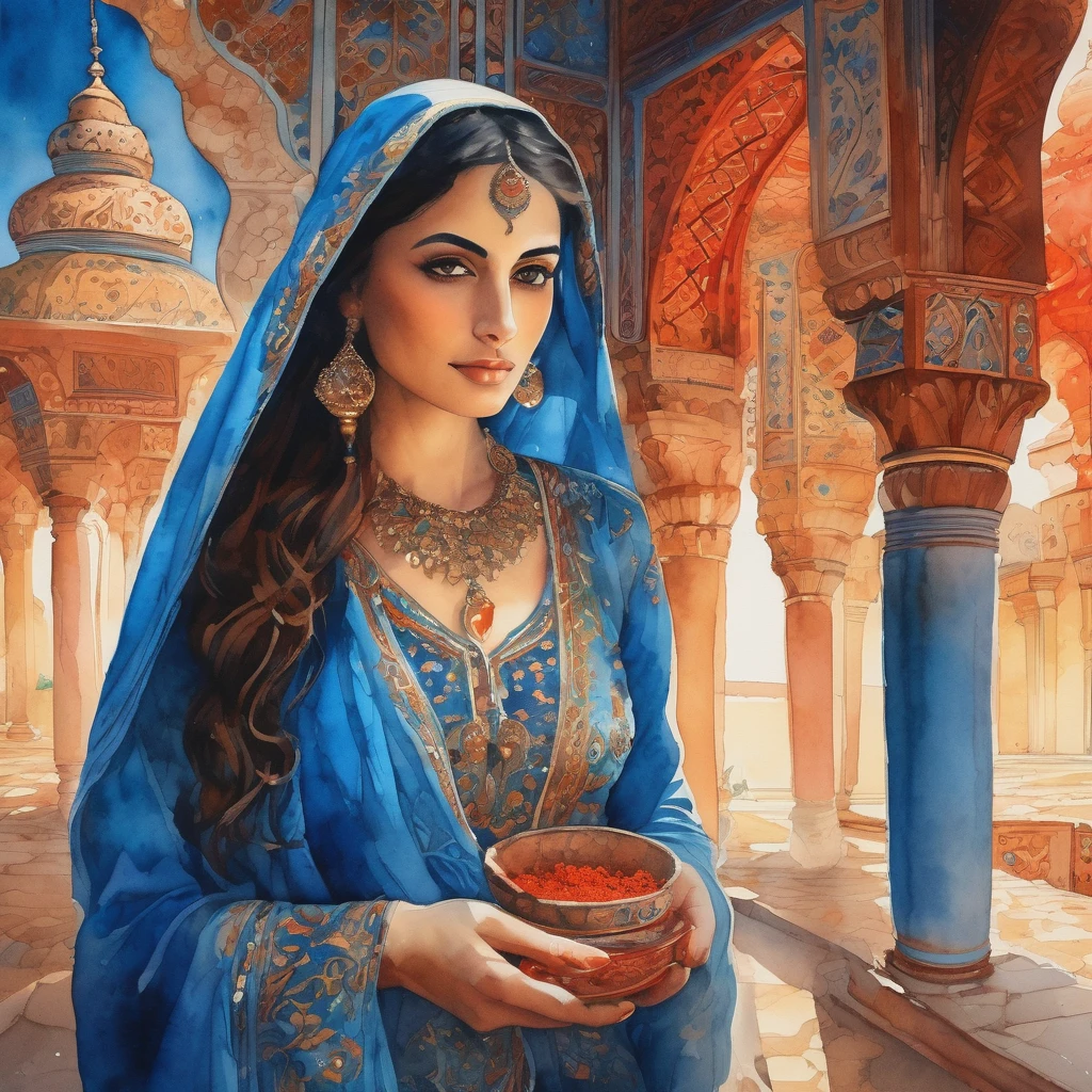 landscape captivating cinematic watercolor painting a persian girl dressed in blue silk, holding a bunch of red spice in her hands, looking to the camera, mica powder of earthy colors exploding in the scene, intrincated masterpiece, vivid colors, warm lighting, detailed persian architecture, intricate patterns, ornate fabrics, atmospheric haze, golden hour,