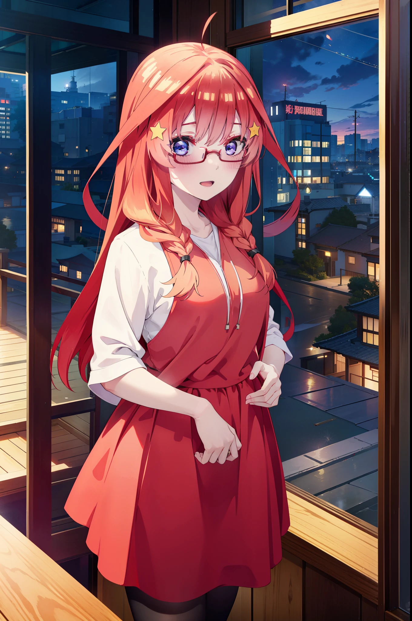 itsukinakano, itsuki nakano, bangs, blue eyes, Hair between the eyes, Ahoge, Redhead, star \(symbol\), hair ornaments, star hair ornaments,smile,blush,Open your mouth,Long braids,Red-rimmed glasses,Oversized red hoodie and long skirt,Black pantyhose,boots,Hiding in a roofed building,Standing with one&#39;s back against a wall,Daytime,Clear skies,whole bodyがイラストに入るように,
break outdoors, Alley,
break looking at viewer, whole body,
break (masterpiece:1.2), Highest quality, High resolution, unity 8k wallpaper, (figure:0.8), (Beautiful attention to detail:1.6), Highly detailed face, Perfect lighting, Highly detailed CG, (Perfect hands, Perfect Anatomy),