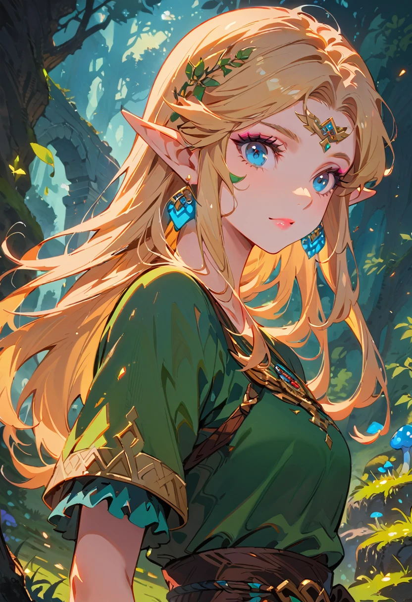 (Zelda:1.2),A fantasy landscape, a girl with long golden hair, striking blue eyes, detailed facial features, Exquisite makeup,The cutest girl in the world,close_up,(The Legend of Zelda:1.2),wearing a green tunic, holding a sword, walking through a peaceful forest, sunlight filtering through the trees, magical glowing mushrooms, ancient ruins in the background, vibrant colors, cinematic lighting, intricate details, (best quality,4K,8K,highres,masterpiece:1.2),ultra-detailed,fantasy,adventure,concept art