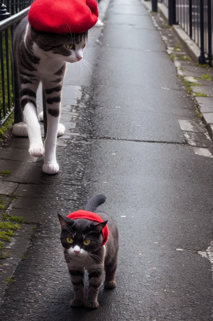 Cat with a red hat, walking down the sad street