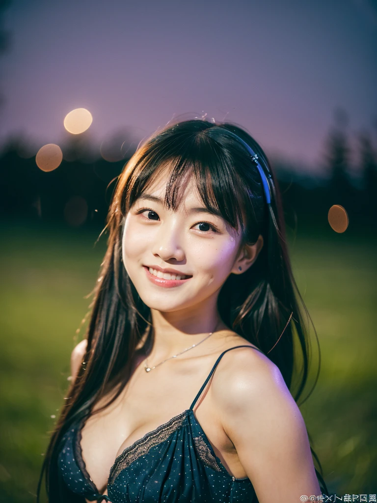 A very cute face like an idol、One 20-year-old woman with a youthful appearance、Smile a little、(Cleavage)、((Beautiful starry sky at night))、(((Textured skd, front lightindg, F/1.0mm, fujifilm G FUX50R, In Reg)))、((Very dark))、RAW Photos、Genuine、live-action、(Artistic Expression)、High resolution、masterpiece