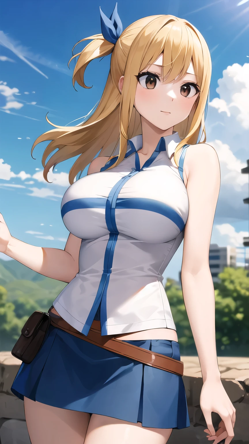 masterpiece, best quality, highres, lucy heartfilia, 1girl, solo, blonde hair, brown eyes, long hair, hair ribbon, large breasts, white shirt, sleeveless, belt, blue skirt, cowboy shot, standing, outdoors