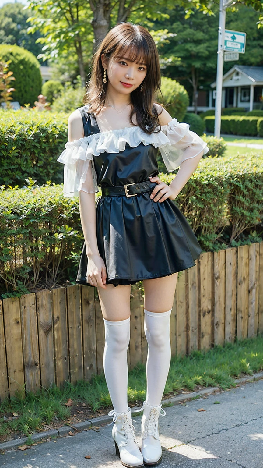 (8K、RAW Photos、Highest quality、masterpiece:1.2)、(Realistic、Realistic)、1 Girl、((Frills、See-through、Off the shoulder、tights、black and white mini skirt、Thin legs、whole body、boots、garden、View from the front、Looking into the camera、belt、Stand with hands on hips))、cute
