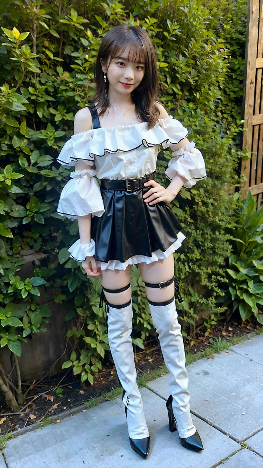 (8K、RAW Photos、Highest quality、masterpiece:1.2)、(Realistic、Realistic)、1 Girl、((Frills、See-through、Off the shoulder、tights、black and white mini skirt、Thin legs、whole body、boots、garden、View from the front、Looking into the camera、belt、Stand with hands on hips))、cute