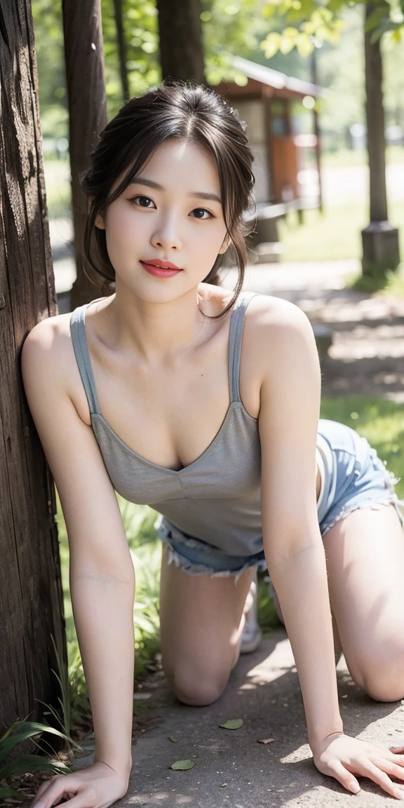 masterpiece, best quality, Surreal, Ultra Detailed, 8k resolution, RAW photos, Clear focus, (A girl in the forest), ((light gray shirt)), sleeveless, sports Shorts,, Solitary, Perfect body, Perfect body, Bangs to eyebrows、Beautiful brown hair、Beautiful and delicate eyes、Brown eyes、Raise an eyebrow、Bangs to eyebrows、Beautiful brown hair、Beautiful and delicate eyes、Brown eyes、Raise an eyebrow、High Nose、Small nostril、Little mouth、Tempting lips、Mouth slightly open、Beautiful breasts、Full body、Oval face,Phoenix Eyes，Eyebrow， Double eyelids, Long eyelashes, A faint smile, full-body shot:1.2，She has a pair of eyes as clear as water，Eyebrows are like distant mountains，Creamy skin，Lips like cherry blossoms。Her beauty is not only in appearance，It&#39;s more about her fragile yet tenacious temperament，Like a hibiscus flower swaying in the wind，It's pitiful， A faint smile, full-body shot:1.2，Playful and flirty pose，The calves are straight and thin:1.5，Wear high-end brand colored sneakers:1.5，
 32 inches in the chest,(a charming smile:1), (sexy pose)，26 years old, light,White shoes，