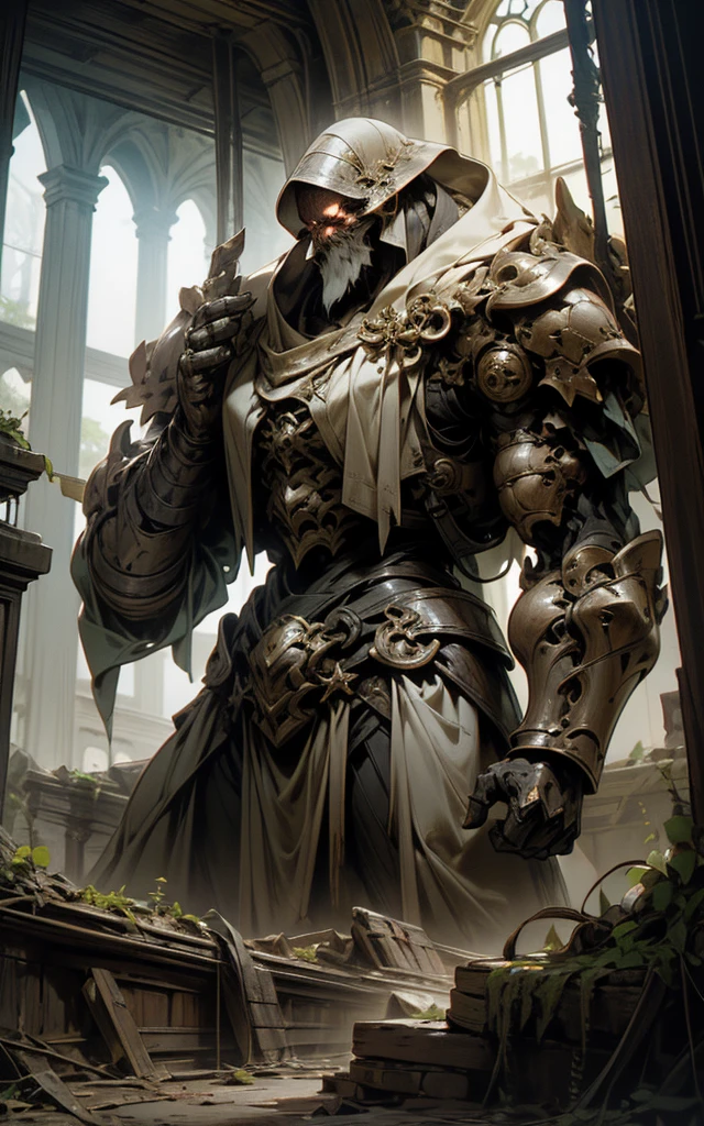 high fantasy aesthetics, highest quality, a dark and moody fantasy illustration of a goliath iron Golem on a palace hidden beneath the rubble of an abandoned city with secret passages and hidden rooms, featuring crumbling ruins and overgrown streets, high quality, highly detailed, 4k, 8k, earth giant, shining eyes, colorful body, Stromatoporoidea