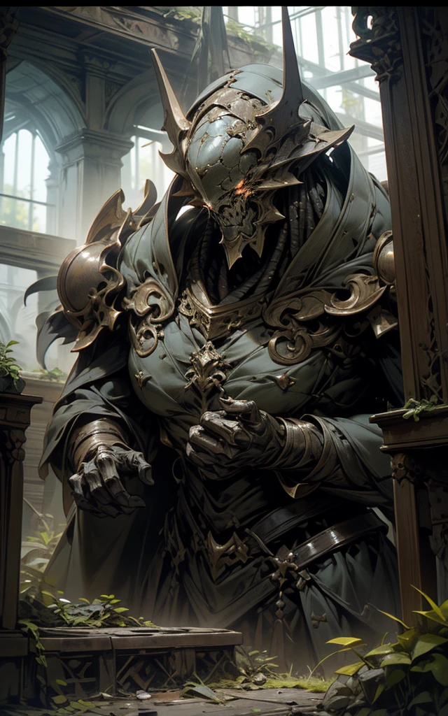 high fantasy aesthetics, highest quality, a dark and moody fantasy illustration of a goliath iron Golem on a palace hidden beneath the rubble of an abandoned city with secret passages and hidden rooms, featuring crumbling ruins and overgrown streets, high quality, highly detailed, 4k, 8k, earth giant, shining eyes, colorful body, Stromatoporoidea