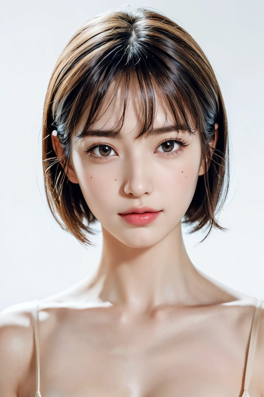 ((masterpiece, Highest quality, High resolution)), One Girl, (Realistic: 1.4), alone, White Background, snow-White Background, ((From above, A little above, look up at the viewer, look up, look up at the camera, Looking into the camera)), Mouth closed, Smile, Smile, Smile, Beautiful black hair, short hair, Big eyes, Transparent double eyelids, eyelash, Listen carefully, Long neck, Long neck, Absolute area, (Draw the whole head, shoulder), 19 years old, Attractive proportions, Shiny skin, Beautiful collarbone, Golden ratio face, Perfect Face, Tearful mole, Mole on chest, bangs:2, clean bangs:2, Lip gloss, Thin lips, Fair skin, naked, Big Breasts, Small face, Small face, Draw the whole head, draw all shoulder,