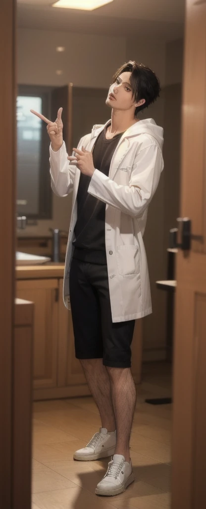 (photorealistic:1.2), (high detail face:1.3), (high detail hands:1.3), (anatomically correct hands:1.2), handsome young asian man, Japanese idol style, short clean-cut hair, ((center part)), white lab coat, black hoodie underneath, calm confident expression, (holding a product in right hand:1.3), (pointing with left index finger:1.3), explaining pose, plain white background, mid-shot portrait, high quality, detailed, 8K, (realistic skin texture:1.2), (sharp focus:1.1)