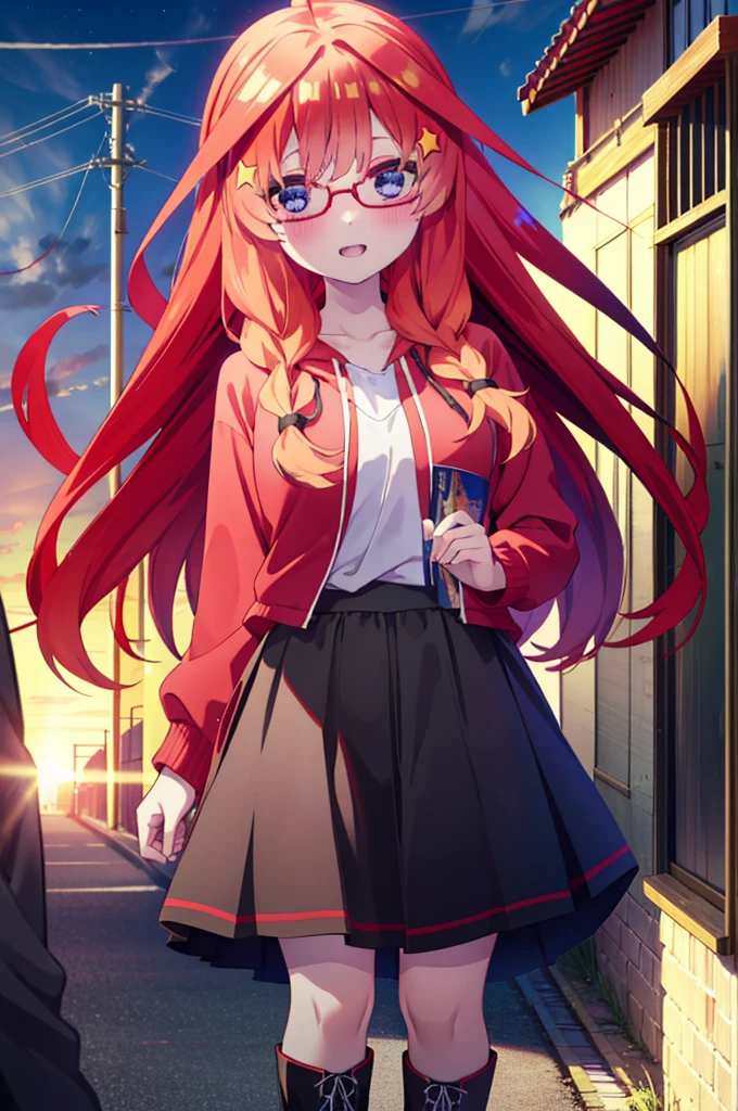 itsukinakano, itsuki nakano, bangs, blue eyes, Hair between the eyes, Ahoge, Redhead, star \(symbol\), hair ornaments, star hair ornaments,smile,blush,Open your mouth,Long braids,Red-rimmed glasses,Oversized red hoodie and long skirt,Black pantyhose,boots,Hiding in a roofed building,Daytime,Clear skies,whole bodyがイラストに入るように,
break outdoors, Alley,
break looking at viewer, whole body,
break (masterpiece:1.2), Highest quality, High resolution, unity 8k wallpaper, (figure:0.8), (Beautiful attention to detail:1.6), Highly detailed face, Perfect lighting, Highly detailed CG, (Perfect hands, Perfect Anatomy),