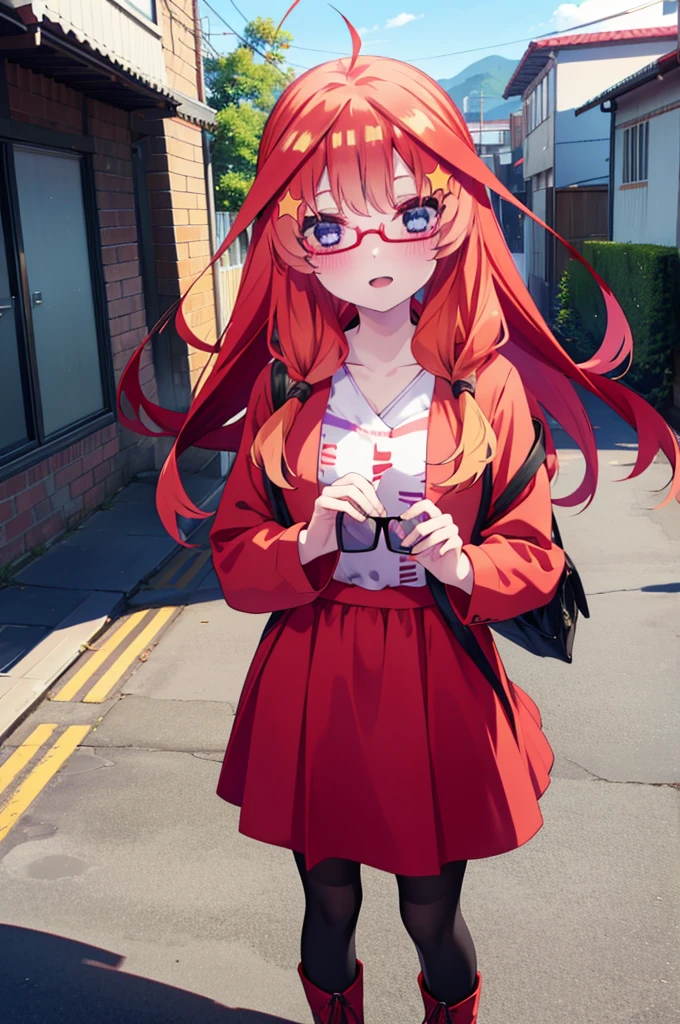itsukinakano, itsuki nakano, bangs, blue eyes, Hair between the eyes, Ahoge, Redhead, star \(symbol\), hair ornaments, star hair ornaments,smile,blush,Open your mouth,Long braids,Red-rimmed glasses,Oversized red hoodie and long skirt,Black pantyhose,boots,Hiding in a roofed building,Daytime,Clear skies,whole bodyがイラストに入るように,
break outdoors, Alley,
break looking at viewer, whole body,
break (masterpiece:1.2), Highest quality, High resolution, unity 8k wallpaper, (figure:0.8), (Beautiful attention to detail:1.6), Highly detailed face, Perfect lighting, Highly detailed CG, (Perfect hands, Perfect Anatomy),
