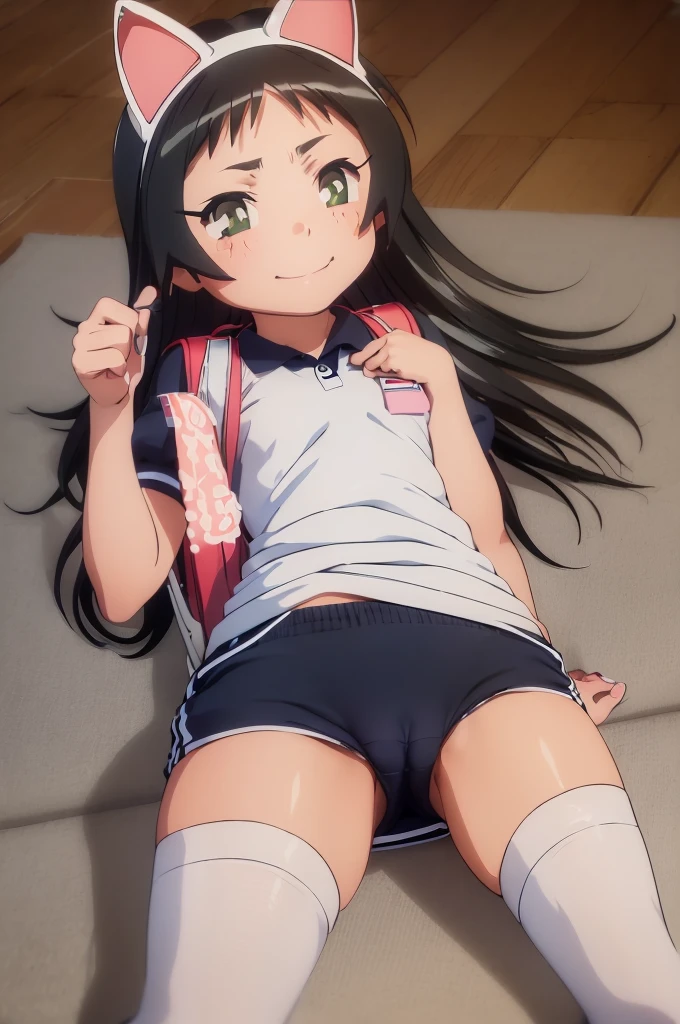 masterpiece, ultra quality, ultra sharp, ultra detailed, 1girl, solo, (good anatomy), haduki kurumi, (tattered torn dripping wet white gym shirt), navy gym pants, animal ears, randoseru, name tag, Japanese anime pose, laugh, BurumaShorts, Buruma, Gym Uniform, (((lying:1.4, spread_legs, legspread, split_legs, spreading legs)), (randoseru backpack:1.4), (((smirk smile))):1.4, buruma, blue buruma, black buruma, (cameltoe), (tattered torn short sleeve white gym uniform with colored hem), (tiny nipples), (white long loose socks), strong lighting, legspread, bukkake, cum on clothes, cum on legs, cum on buruma, cum on bloomers,