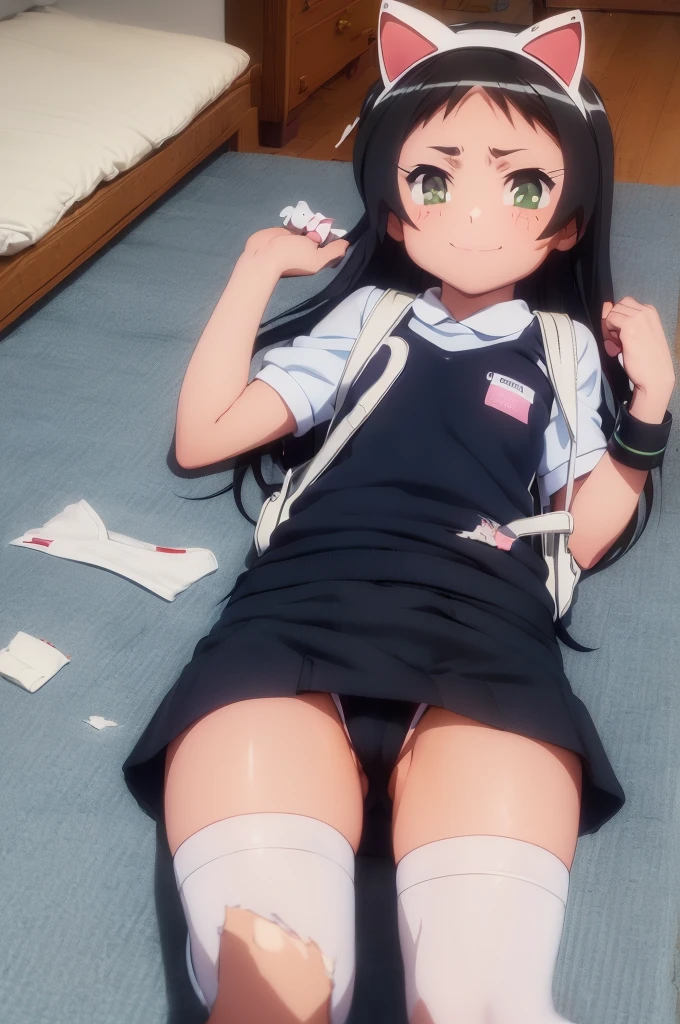 masterpiece, ultra quality, ultra sharp, ultra detailed, 1girl, solo, (good anatomy), haduki kurumi, (tattered torn dripping wet white gym shirt), navy gym pants, animal ears, randoseru, name tag, Japanese anime pose, laugh, BurumaShorts, Buruma, Gym Uniform, (((lying:1.4, spread_legs, legspread, split_legs, spreading legs)), (randoseru backpack:1.4), (((smirk smile))):1.4, buruma, blue buruma, black buruma, (cameltoe), (tattered torn short sleeve white gym uniform with colored hem), (tiny nipples), (white long loose socks), strong lighting, legspread, bukkake, cum on clothes, cum on legs, cum on buruma, cum on bloomers,