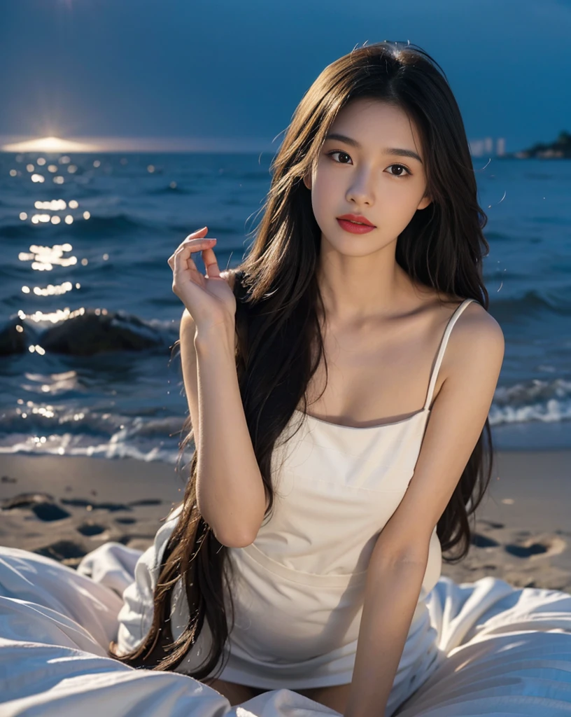 towards the camera,put a face to the viewer,stand on all fours,High image quality,works of masters,daughter,black hair,long hair shawl,long hair flowing over shoulders,cropped shoulder,clavicle,exquisite face,moist red lips,white dress,clavicle,towards the camera,Single photo,hosiery,sad expression,bust,real person,(ocean,sandy beach),CG rendering,16,000,lying in bed,Put your hands behind your head.,look into the camera,The night scenery was beautiful, farewell,hyper hd,The details were perfect,the picture is real,Extreme picture quality,Highest accuracy,8K 해상도,shade of darkness,8K, yes ,Ultra HD,8K