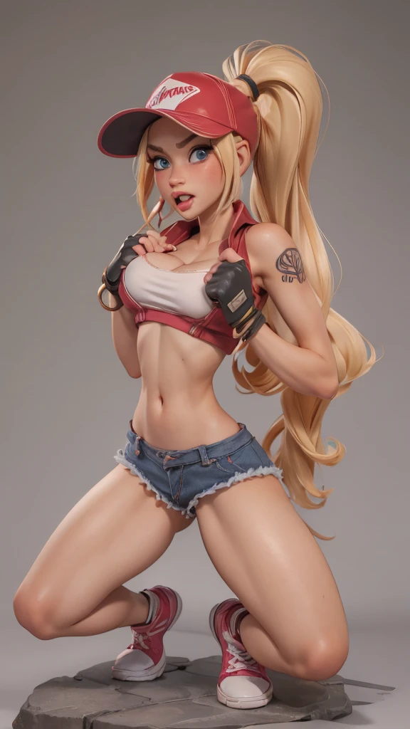 (masterpiece), best quality, expressive eyes, perfect face, highres, (8k), (perfect face), (ultra details), 1 girl, solo, terry bogard girl, blonde hair, ponytail, blue eyes, long hair, baseball cap, fingerless gloves, denim shorts, shoes, 
, blushing, frightened, anguished, open-mouthed, room background, no posing, standing, portrait, looking down. Piel humeda, manos y dedos bien detallados, (puños cerrado)