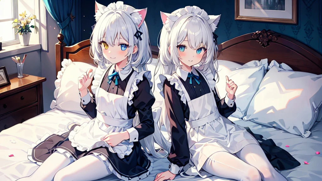 Maid costume，White pantyhose，White hair，Long hair，Cat ear，Heterochromia blue-yellow，Smile，Female face，There are bright spots in the eyes，Female hands，White little hands，Normal fingers，flat chest，2 people，in the room，Lying in bed
