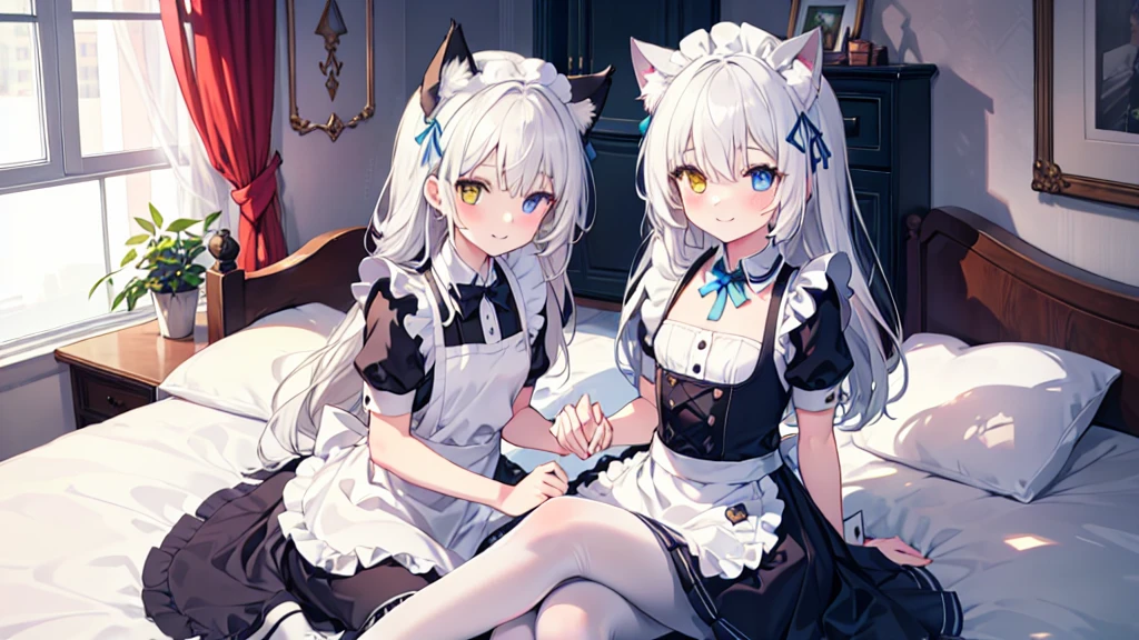 Maid costume，White pantyhose，White hair，Long hair，Cat ear，Heterochromia blue-yellow，Smile，Female face，There are bright spots in the eyes，Female hands，White little hands，Normal fingers，flat chest，2 people，in the room，Lying in bed