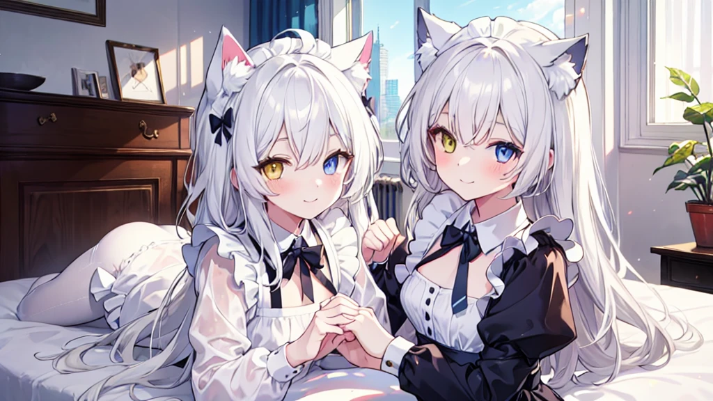Maid costume,White pantyhose,White hair,Long hair,Cat ear,Heterochromia blue-yellow,Smile,Female face,There are bright spots in the eyes,Female hands,White little hands,Normal fingers,flat chest,2 people,in the room,Lying in bed
