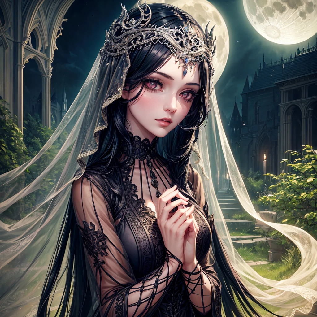 1 girl, long black hair, beautiful detailed eyes, beautiful detailed lips, extremely detailed face, long eyelashes, walking in a castle garden, full moon night, gothic architecture, overgrown vines, moonlight, dramatic lighting, cinematic, highly detailed, intricate, photorealistic, 8k, best quality, masterpiece