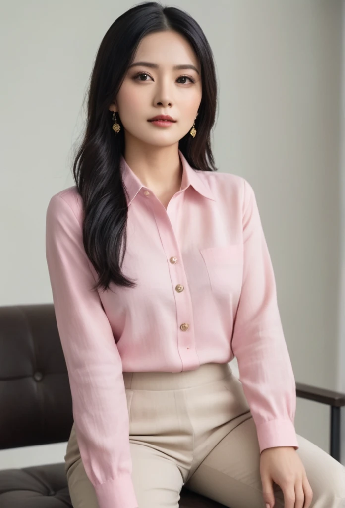 a fair-skinned businesswoman, black hair a little below the shoulders, He is wearing a fashionable pink linen long-sleeved shirt with small buttons on the front and his pants are beige dress pants., She is wearing small gold accessories, your hands and nails are perfect , aligned and ultrarealistic, is posing sitting crossed legs , with your gaze straight ahead, One hand is in front of your legs and the other hand is touching your face, touching your hair., in a photo shoot, 3d 4k image