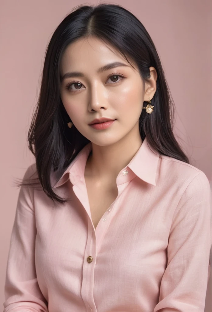 a fair-skinned businesswoman, black hair a little below the shoulders, He is wearing a fashionable pink linen long-sleeved shirt with small buttons on the front and his pants are beige dress pants., She is wearing small gold accessories, your hands and nails are perfect , aligned and ultrarealistic, is posing sitting crossed legs , with your gaze straight ahead, One hand is in front of your legs and the other hand is touching your face, touching your hair., in a photo shoot, 3d 4k image