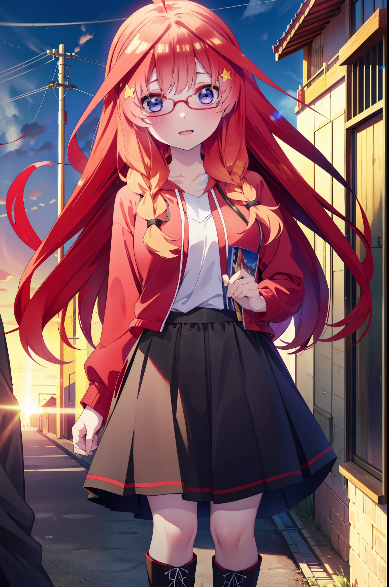 itsukinakano, itsuki nakano, bangs, blue eyes, Hair between the eyes, Ahoge, Redhead, star \(symbol\), hair ornaments, star hair ornaments,smile,blush,Open your mouth,Long braids,Red-rimmed glasses,Oversized red hoodie and long skirt,Black pantyhose,boots,Hiding in a roofed building,Daytime,Clear skies,whole bodyがイラストに入るように,
break outdoors, Alley,
break looking at viewer, whole body,
break (masterpiece:1.2), Highest quality, High resolution, unity 8k wallpaper, (figure:0.8), (Beautiful attention to detail:1.6), Highly detailed face, Perfect lighting, Highly detailed CG, (Perfect hands, Perfect Anatomy),