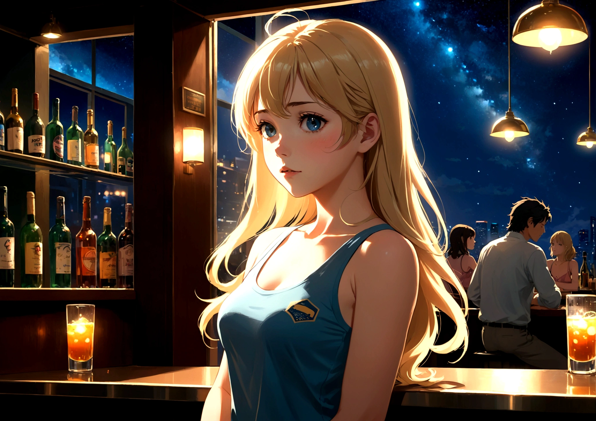 Uses Makoto Shinkai'The depiction is perfect,Julia Roberts portrait,8k 4k masterpiece photo ,Milan,Glass ceiling jazz bar,I can see the twinkling stars through the glass window.,that'Outside in the dark night,Jazz is playing,Beautiful profile,Semi-long hair,Blonde Hair,The left cheek is visible here.,He's sitting alone at the counter drinking whiskey and water.,White tank top dress,Bust is medium large