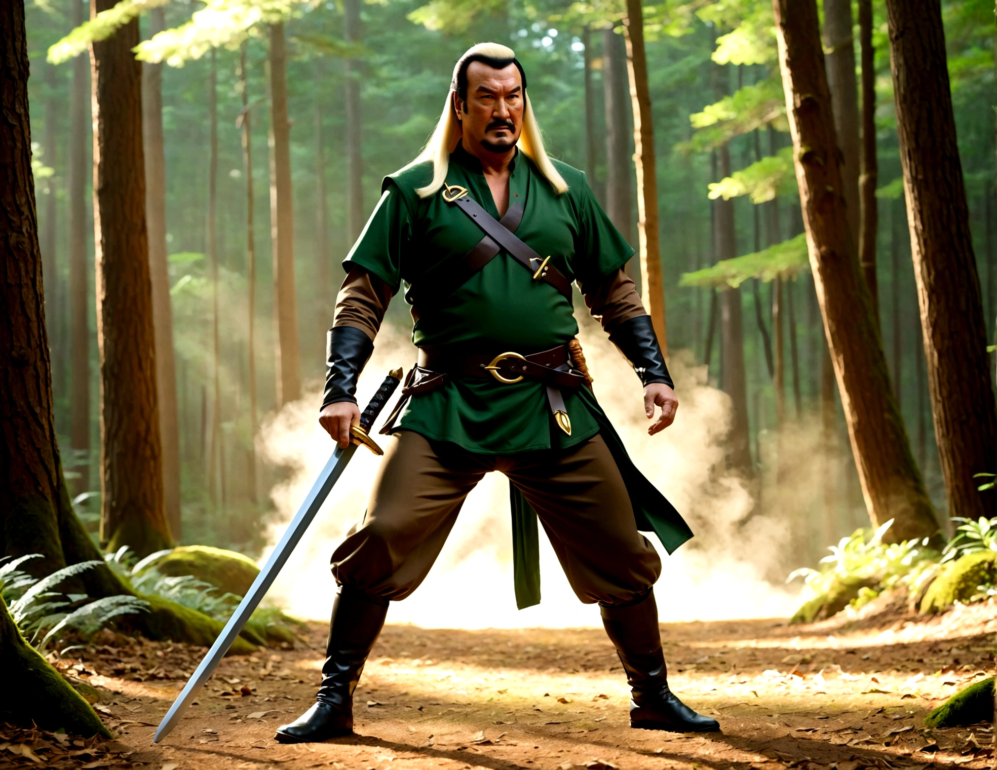 Steven Seagal (current, modern, big belly) in the role of Link (Link costume, blonde wig over black hair, wooden sword at side), akido pose, forest
