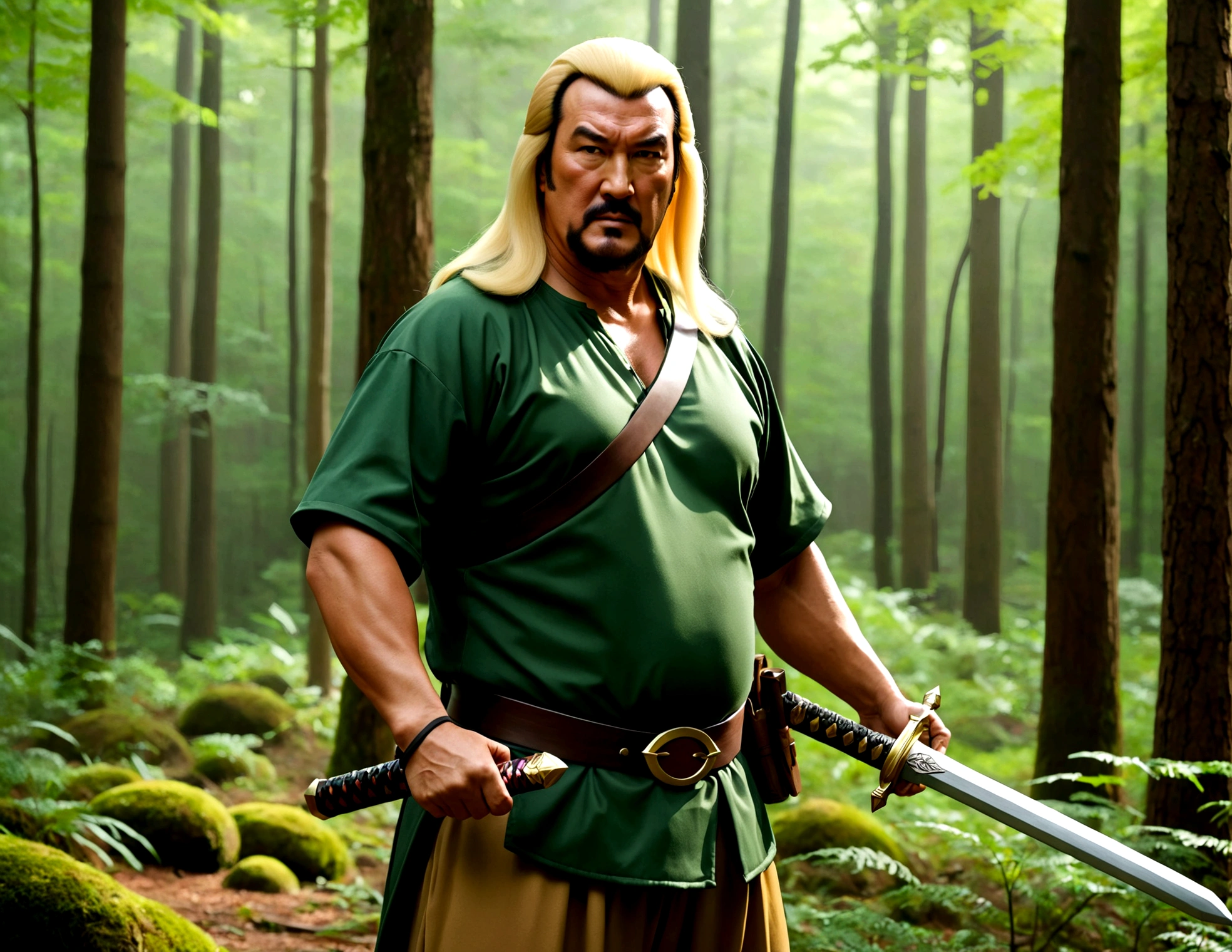 Steven Seagal (current, modern, big belly) in the role of Link (Link costume, blonde wig over black hair, wooden sword at side), akido pose, forest
