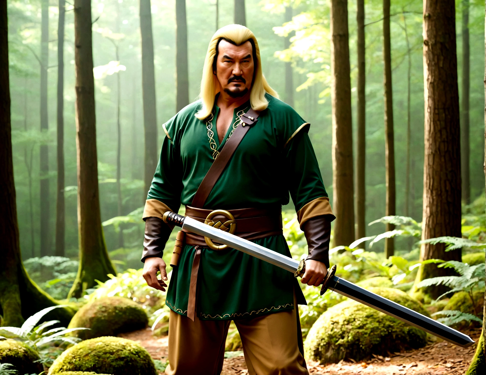 Steven Seagal (current, modern, big belly) in the role of Link (Link costume, blonde wig over black hair, wooden sword at side), akido pose, forest