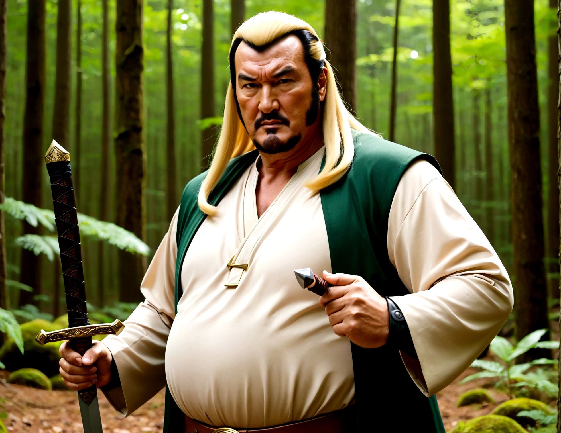 Steven Seagal (current, modern, big belly) in the role of Link (Link costume, blonde wig over black hair, wooden sword at side), akido pose, forest
