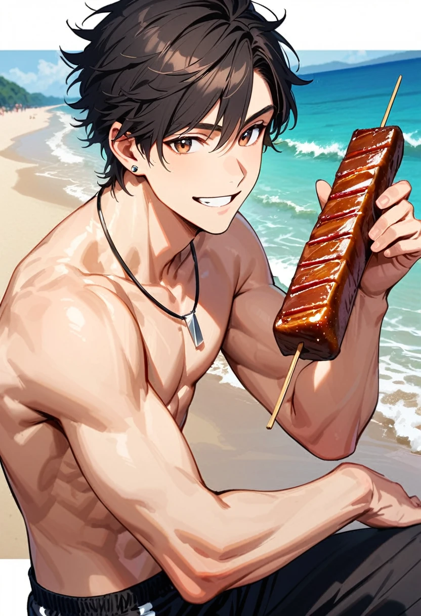 A young man, 22-years-old, solo, Caucasian, masculine face, muscular physique, shaggy tousled black hair, brown eyes, cheerful smile, mouth open, no shirt, shirtless, black swimming trunks, thin silver necklace, small silver earrings, beach, holding a skewer with grilled meat on it