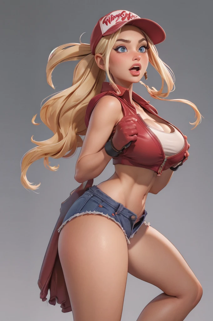 (masterpiece), best quality, expressive eyes, perfect face, highres, (8k), (perfect face), (ultra details), 1 girl, solo, terry bogard girl, blonde hair, ponytail, blue eyes, long hair, baseball cap, fingerless gloves, denim shorts, shoes, 
, blushing, frightened, anguished, open-mouthed, room background, no posing, standing, portrait, looking down. Piel humeda, manos y dedos bien detallados, (puños cerrado)