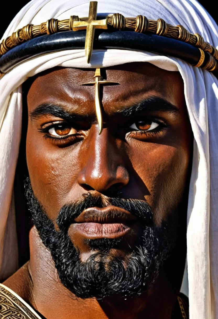  A dark-skinned man, A face full of courage and determination. He has sharp eyes and strong facial features.. A fierce and brave warrior,Old black arab year : 6 thoughts after Good Friday : Demonstrating his courage and determination in defending his honor and his tribe.                                                                                        
  Sixth Century Comics