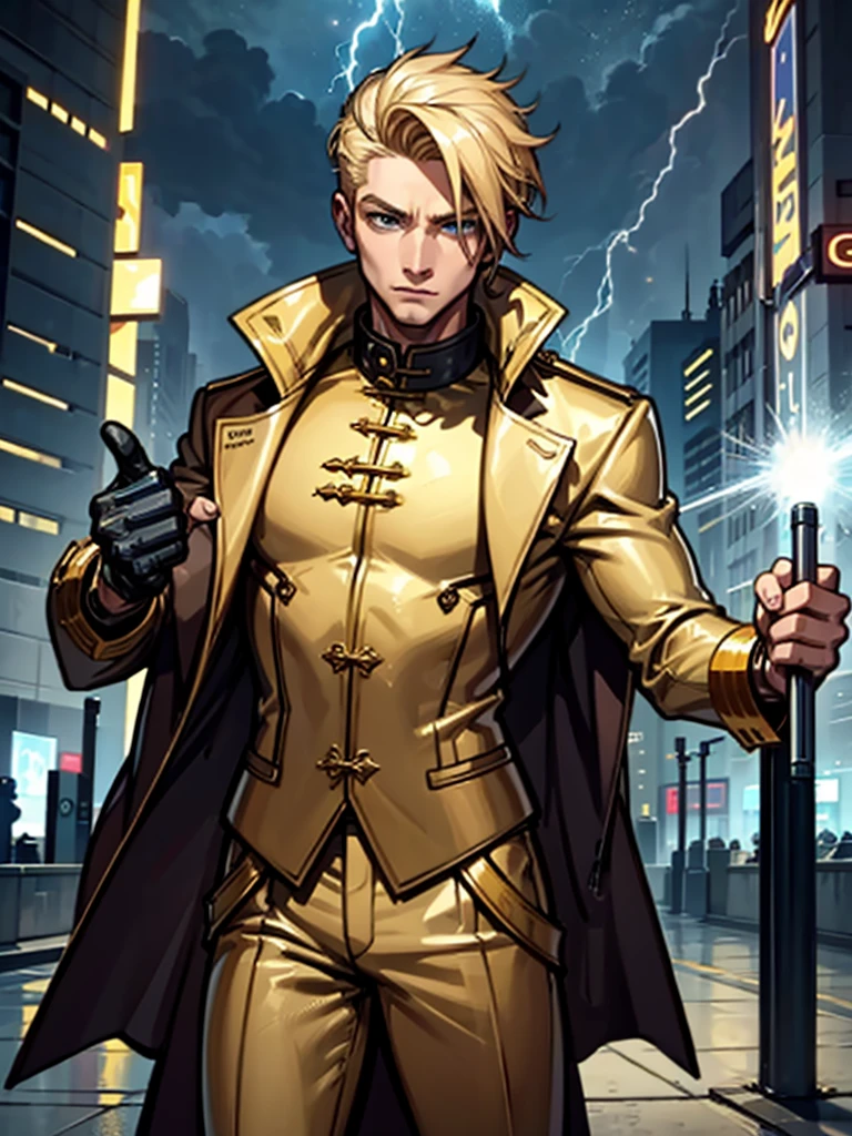 A man,blond,lightning,Standing,Cool,Gold coat,domineering,HD