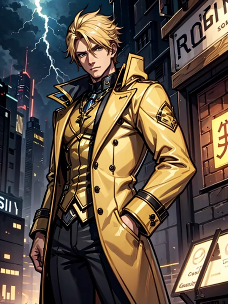 A man,blond,lightning,Standing,Cool,Gold coat,domineering,HD